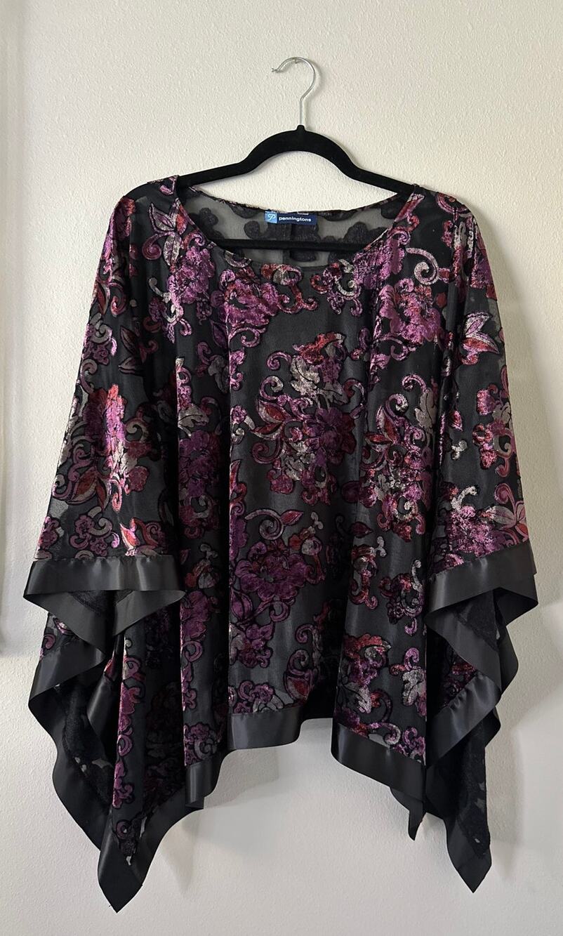 PENNINGTONS Floral Sheer Velvet Burnout Satin Trim Poncho One Size